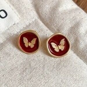 Gold Butterfly Red Wax Seal Stud Earrings 925 Sterling Silver Post Vintage Style
